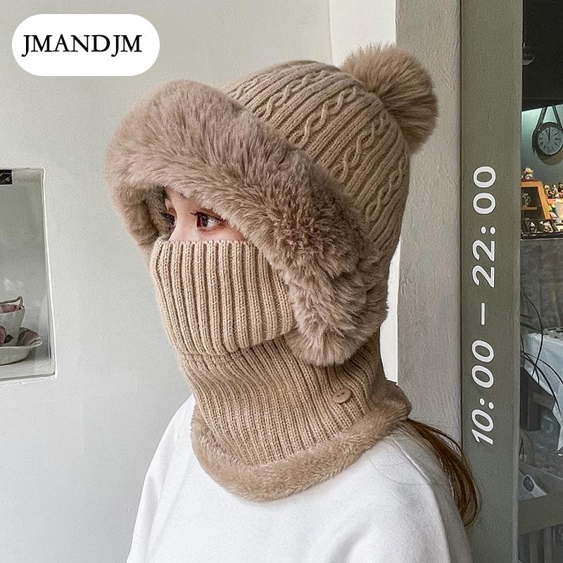Winter Twist Pattern Knitted Hat, Velvet Warm Scarf, Integrated Pullover Hat, Cold-proof Wool Hat, Women