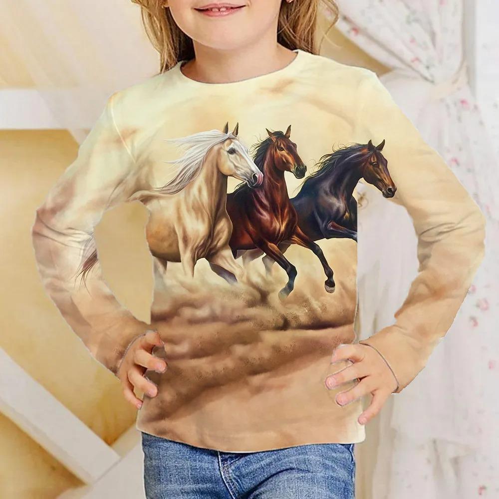 Animal Horse Children's 3D Digital Printing Girl Fashion Trend Round Neck Long Sleeved T-shirt