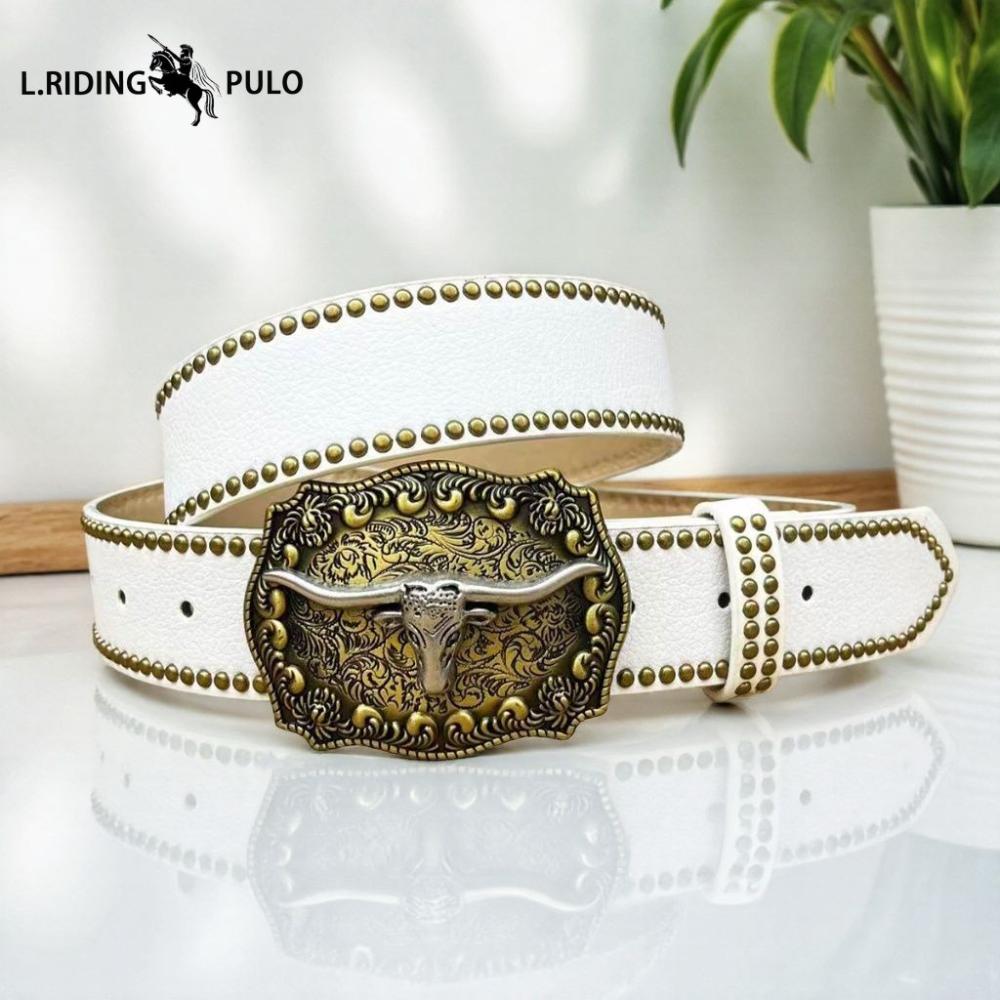 Cintura Western in Denim Tendenza Retro Gioventù Punk Rilievo Uomo Borchie Pelle Cintura