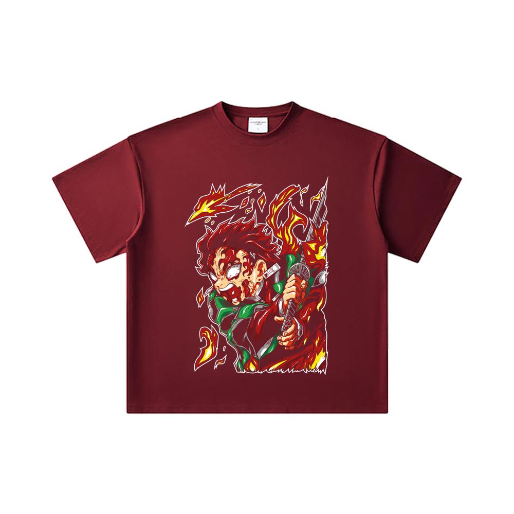 

260 GSM Double Yarn 32 Count 100% Cotton Demon Slayer V101 Tanjiro Print Unisex Heavy Cotton T Shirt 2XL вина червоного кольору