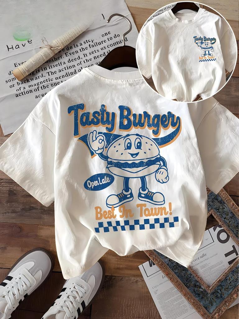 Tasty Burger Graphic T Shirt Unisex Funny Cartoon Burger Print Tee Summer Casual Retro Aesthetic Harajuku Streetwear Fashion Top