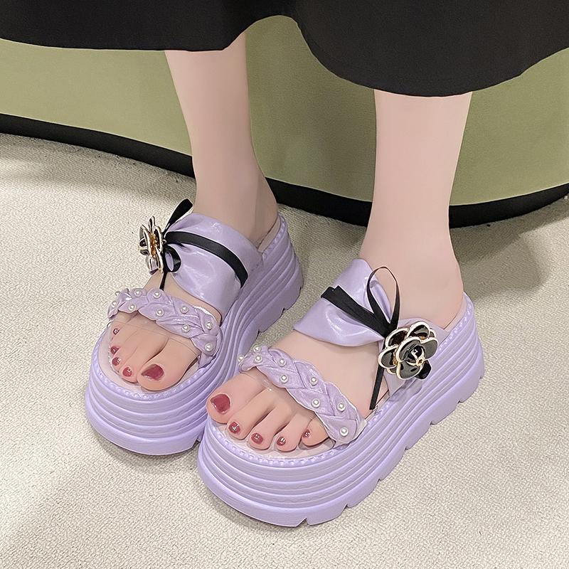 Fashion New 2025 Pearl Strap Chunky Sandals Women Summer High Platform Wedges Slippers Woman Fashion 8CM Heels Thick Bottom Beach Slides