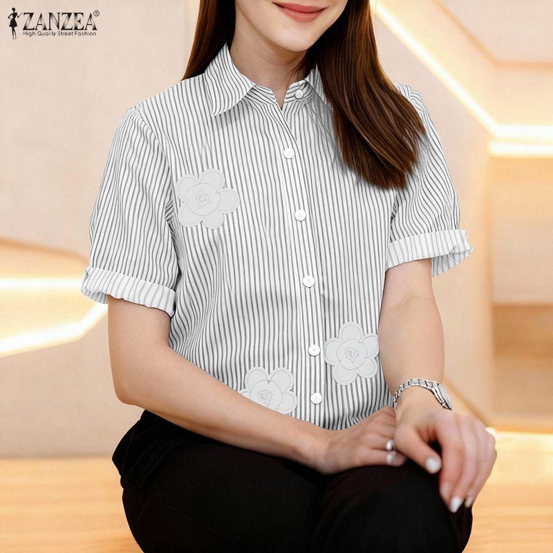 ZANZEA Women Casual Turn Down Collar Short Sleeve Stripe Blouse