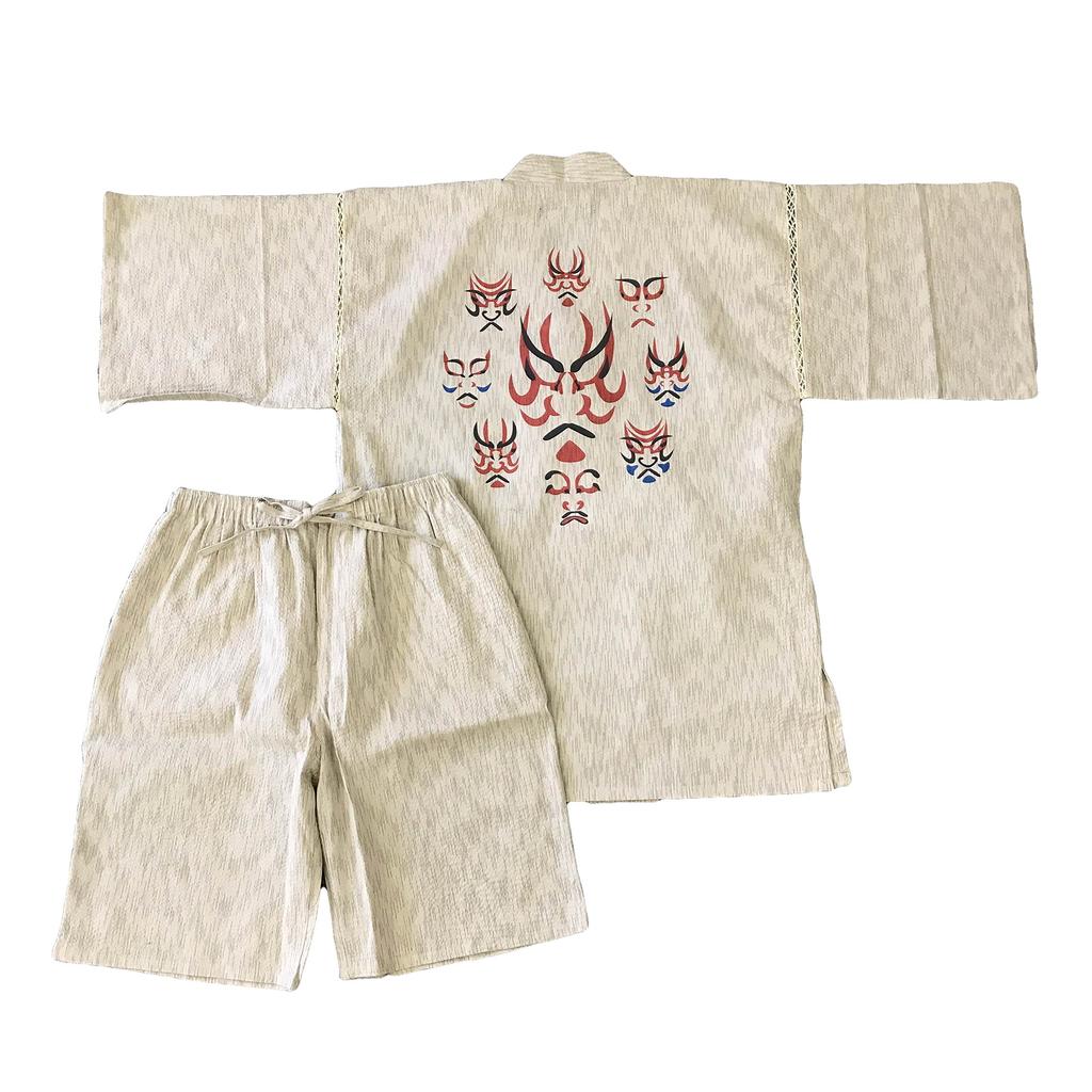 [Edoten] [Our Original!] Shijira-woven Jinbei with Japanese Pattern (Beige/Off-White) (L, Rounded Shades, Off-White)