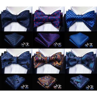 Barry.Wang Mens Bow Tie Hanky Cufflinks Blue Navy Silk Butterfly Tie Wedding Business Set