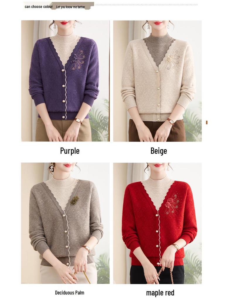 Women's Winter Knit Sweater with Fleece Lining, Faux Two-Piece, Thickened & Warm