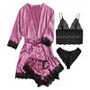4-Piece Women Sexy Garter Lingerie Set Robes Lace Bodysuit Deep-V Neck Underwear