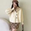 Women Beige Navy Collar Coat Toggle Button Pocket Loose Woolen Short Clothes