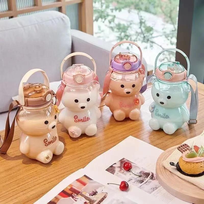 1000ml Capacitate Mare Urs Desene Animate Plastic Cană cu Pai Portabilă pentru Copii Rucsac Cazan Sticlă de Apă Cană cu Pai Cupă pentru Fată