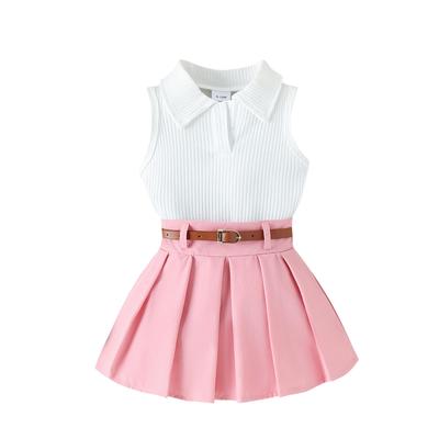 Toddler Girl Summer Outfit Solid Color Ribbed Sleeveless Tank Tops and Pleated Skirts with Belt 2Pcs Clothes Set