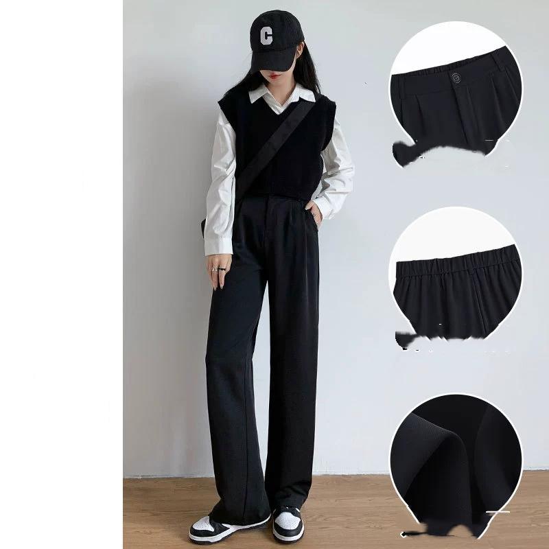 2025 Fall Winter Elegant Gray Suits Pants for Women Office Lady High Waist Wide Leg Fashion Trousers with Pockets Black Pants