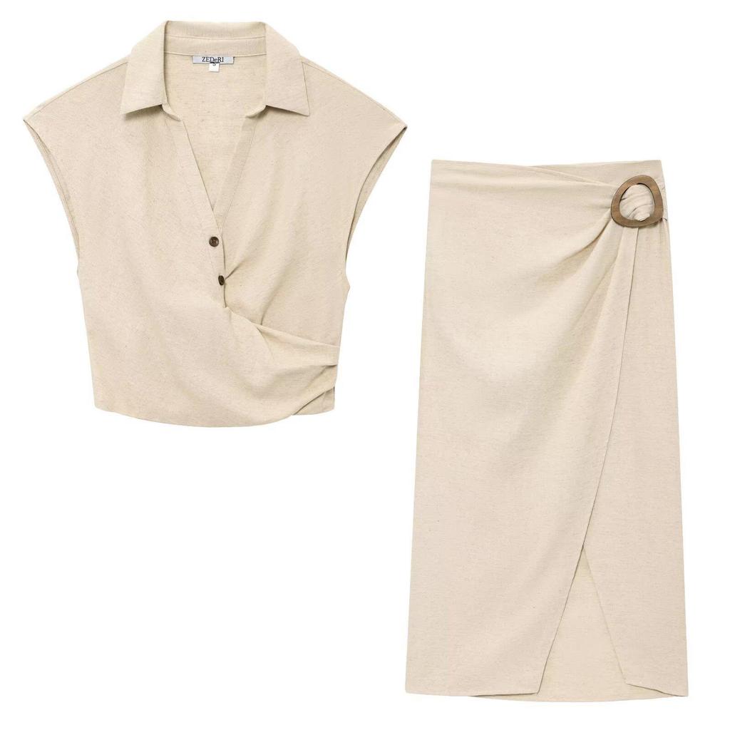 2025 Summer Women's Linen Set: Short Top with Buckle Detail & Midi Skirt