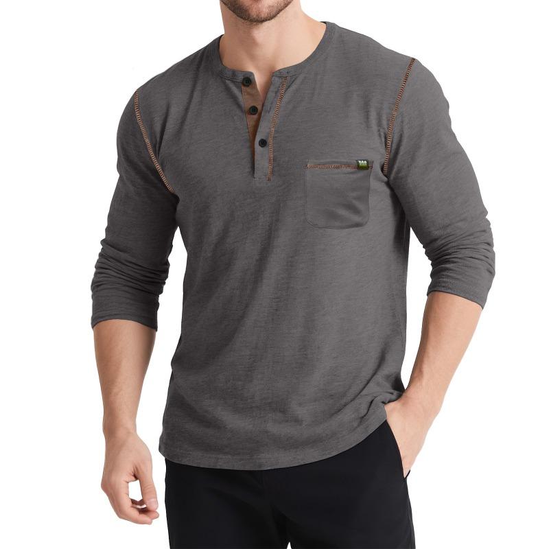 Men's Autumn and Winter Long-sleeved Henley Retro T-shirt Three-button Pocket Top