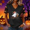 Women's Short Sleeve V-Neck Pullover Top with Halloween Print for Casual Everyday Wear