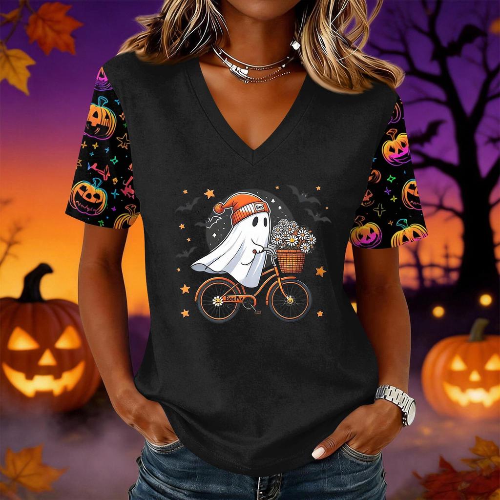 Women's Short Sleeve V-Neck Pullover Top with Halloween Print for Casual Everyday Wear