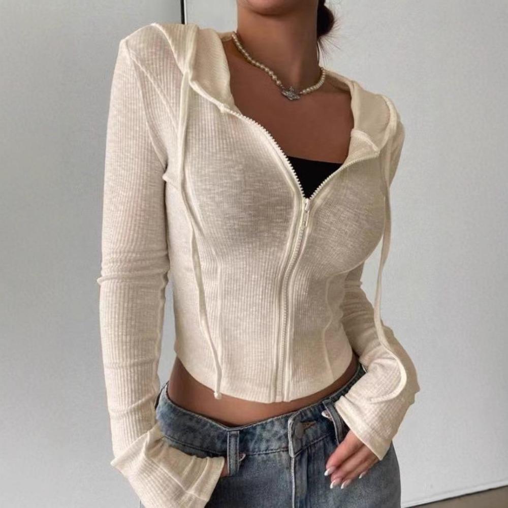 Módní dámská žebrovaná mikina s kapucí, Cropped top na zip s dlouhým rukávem, Univerzální ležérní top pro letní a jarní denní outfity