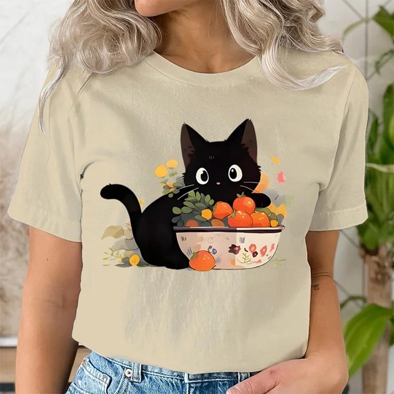 Женская футболка с принтом «Черная кошка и мандарин» — фото 6