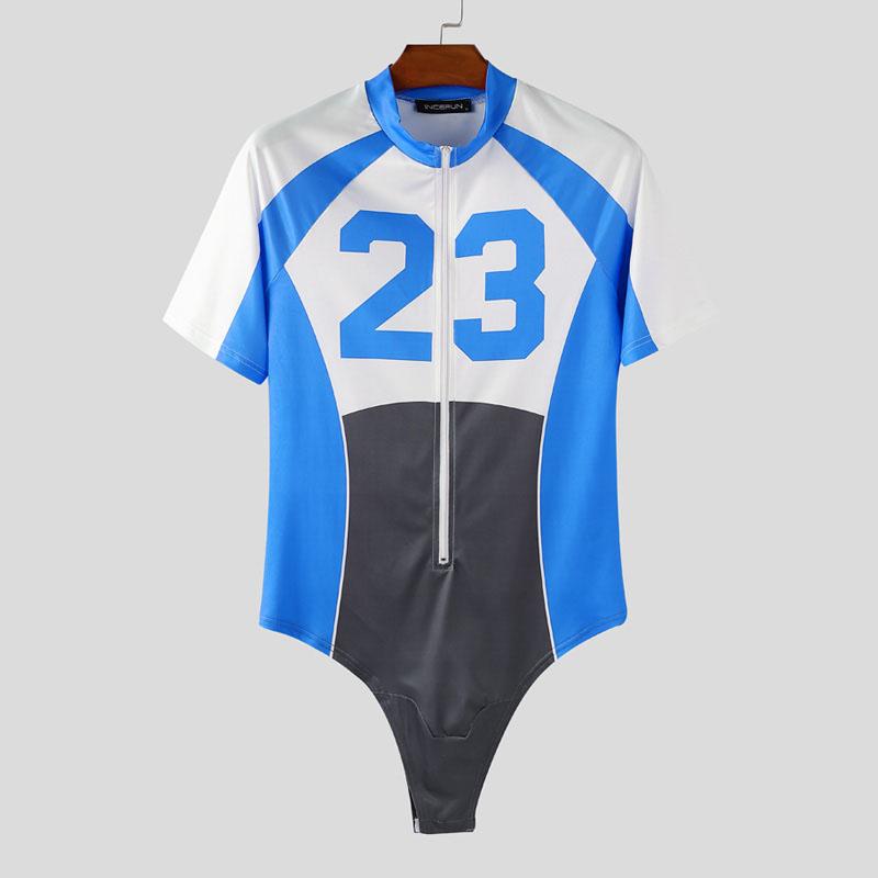 INCERUN Men's Sleeveless Letter Print Zip-up Fitted Jumpsuits Playsuits Underwear Pajamas