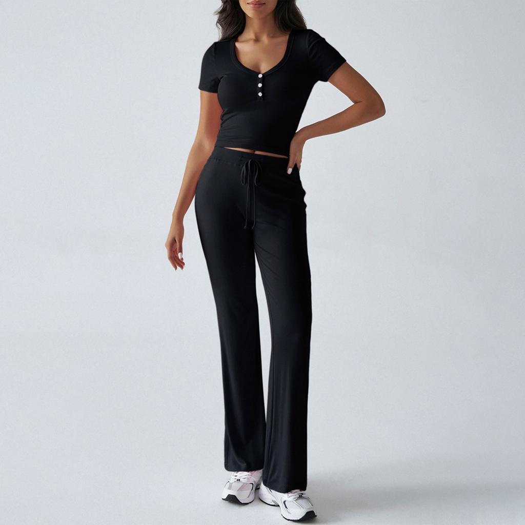 Women's Set Two Piece Short Sleeve Cropped Tops Matching Flare Pants Sets Casual