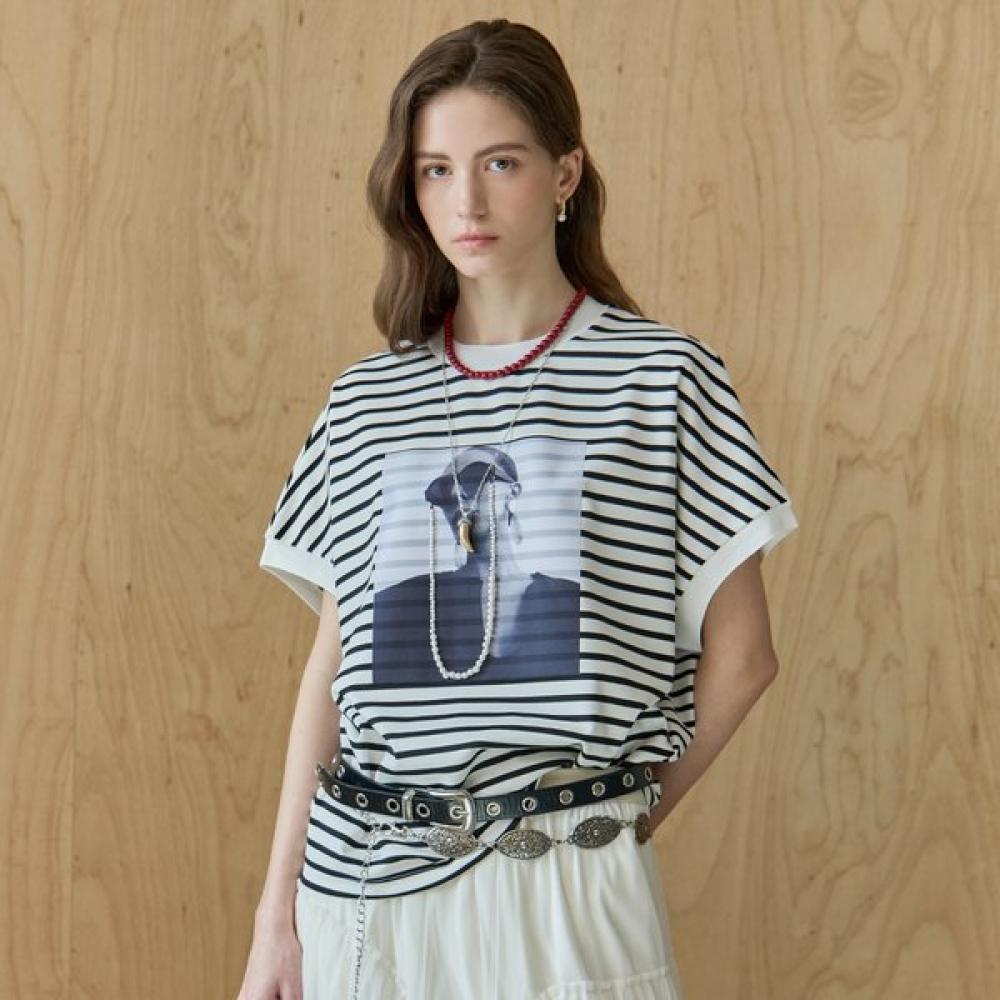 

Maxza Pearl DecoraTion MonoTone STripe ShorT Sleeve T shirT ze06qT009na blacks/FREE