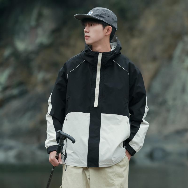 

Men s Waterproof Color Block Shell Jacket for Spring/Autumn - Hooded Outdoor Mountaineering Workwear L