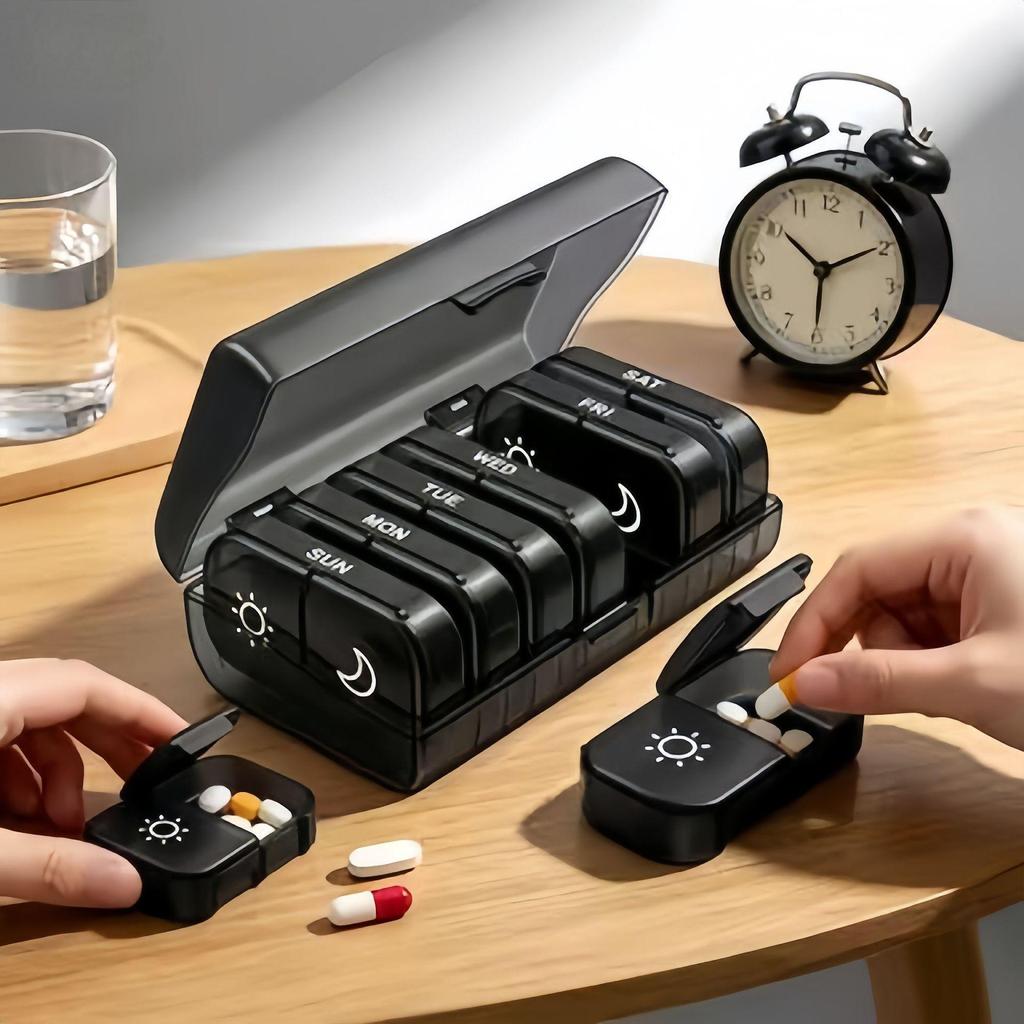 Weekly 14-Compartment Morning & Evening Pill Box, Easy Dispensing, Twice Daily Small Plastic Organizer