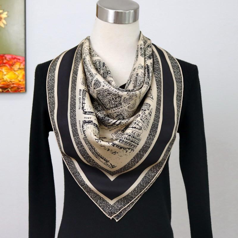 100% Mulberry Silk Scarf 90cm Square Twill Weave Paris Print Women