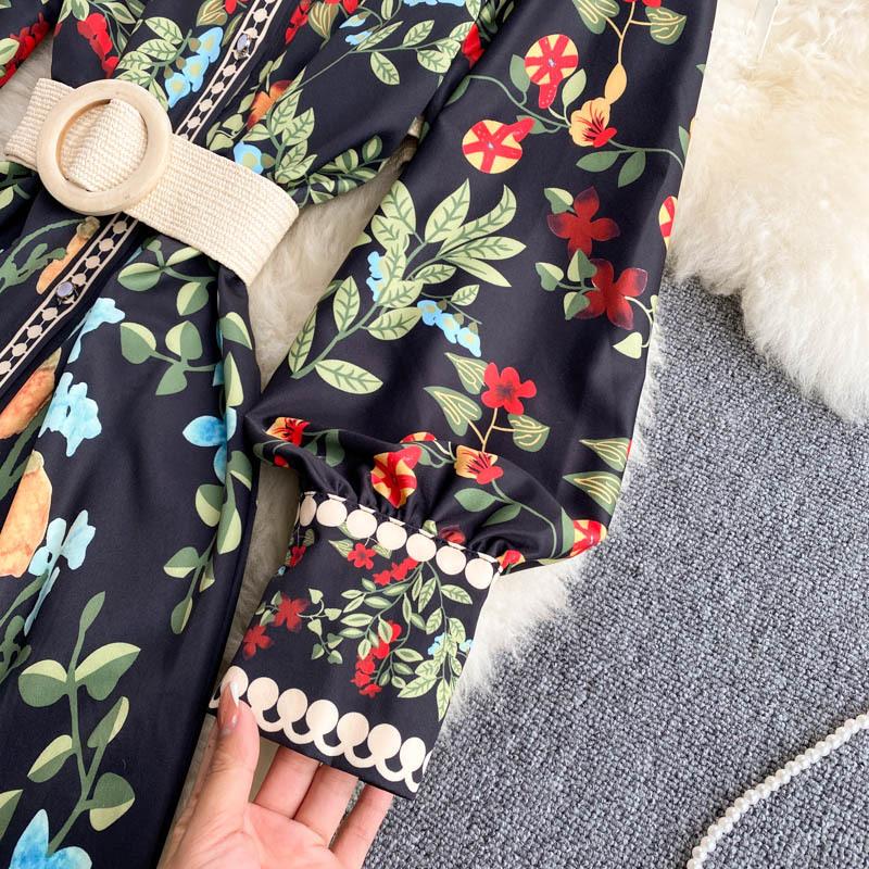 Autumn Sashes Flower Print Long Sleeve Dresses Women Button Vintage Maxi Dress Stand Collar Slim Waist Vestidos