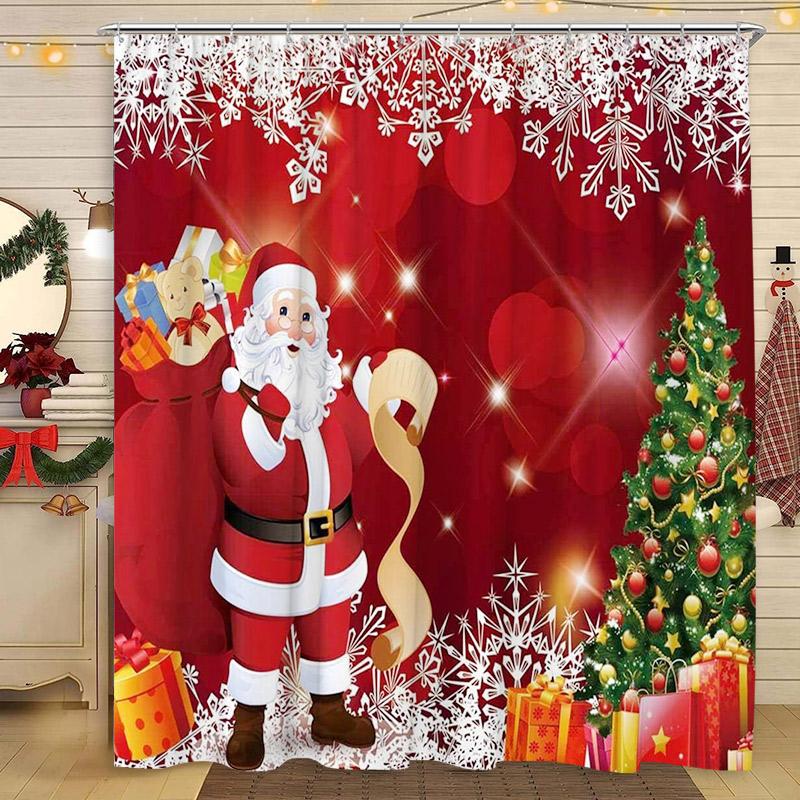 Christmas Shower Curtains Funny Santa Claus Xmas Tree Fir Branch Red Berry Birds New Year Fabric Bathroom Decor Bath Curtain Set