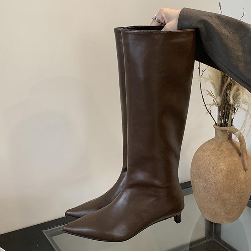 

Модная Liyke Сексуальные Белые Сапоги до Колена с Острым Носком Женские Уютные из ПУ Кожи Осенне-Зимние На Слипонах Низкий Тонкий Каблук Женская Обувь Botas Mujer 35 коричневый