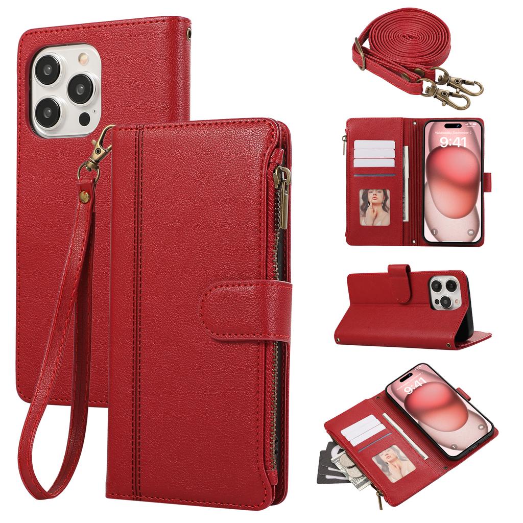 For iPhone 15 Pro Case Multi Card Slots Zipper Leather Phone Cover with Shoulder Strap/Wrist Strap