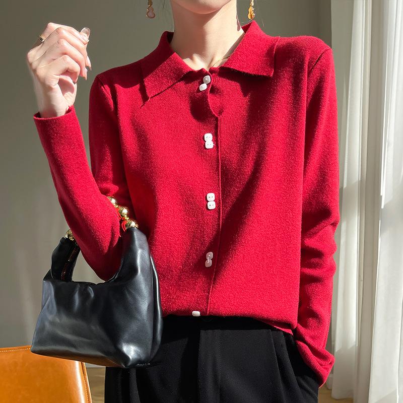 Spring and Autumn Women's Polo Neck Long Sleeve Knit Sweater Outer Wear Fashionable Casual Simple Bottom Shirt Tops
