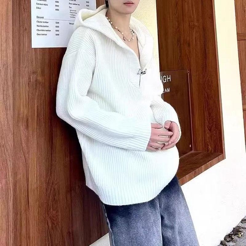 Vintage Casual Hooded Knitted Pullovers Men's Clothing Solid Color Autumn Winter Basic Loose Fashionable Metal Buckle Sweaters