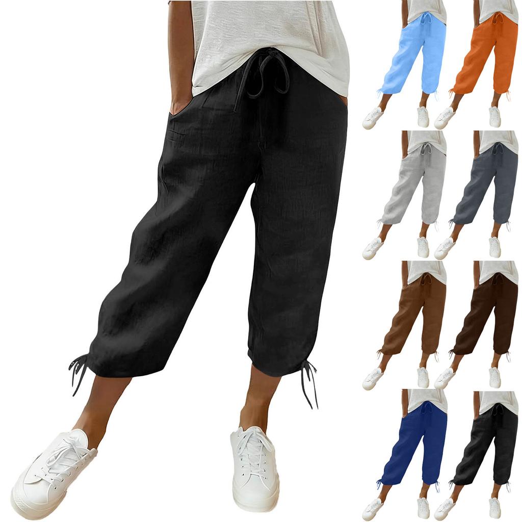 Women Loose Cotton Linen Drawstring Solid Pocket Casual Capri Pants