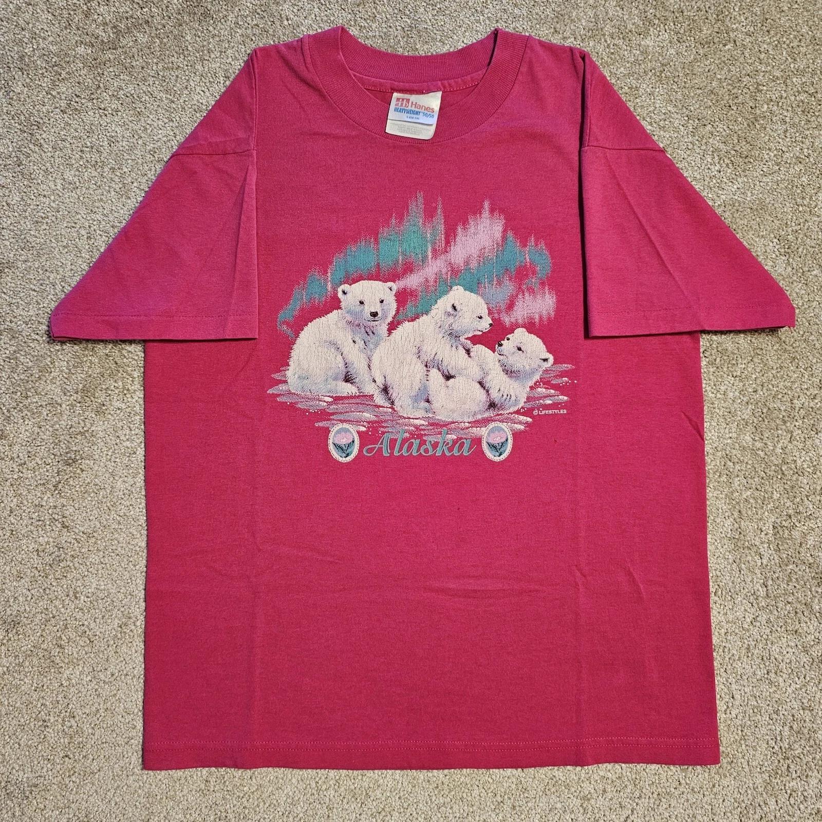 Vintage 90s Alaska Polar Bear Pink T-shirt Mens S Tourist Single Souvenir Pastel 3XL