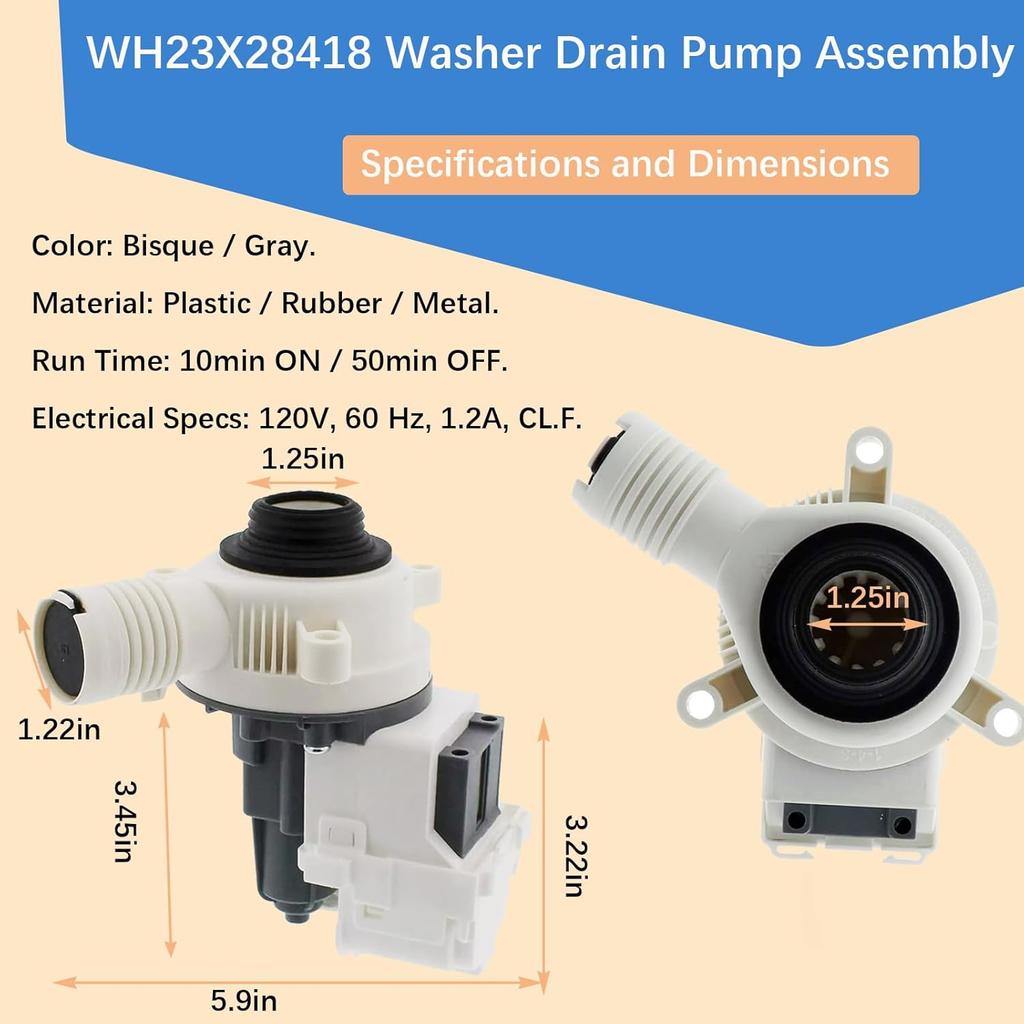 W10919003, W10775446 Washer Drain Pump Compatible with Whirlpool, Kenmore, Maytag Washing Machine Pump, Replaces B25-3A04, AP6038235, PS11770076