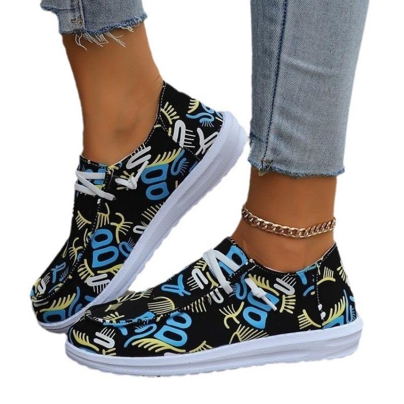 Spring and Autumn Large Size Low Top Single Shoes Women's Graffiti Lazy Canvas Shoes Lightweight Board Shoes
