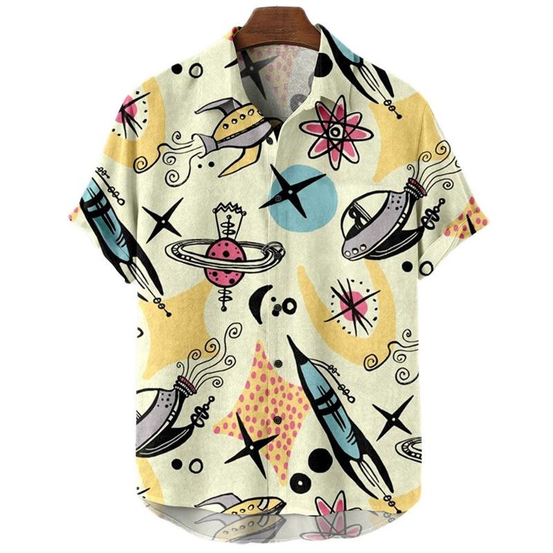 Men Clothing Hawaiian Vacation Beach Shirt Lapel Blouse Summer Casual Clothes Tops Chemise