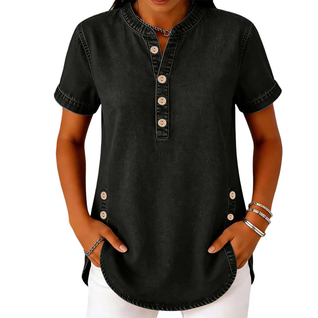 Women Casual Short Sleeve V Neck Button Front Top Lightweight Soft Fabric Relaxed Fit Tunic Blouse with Side Button Detail