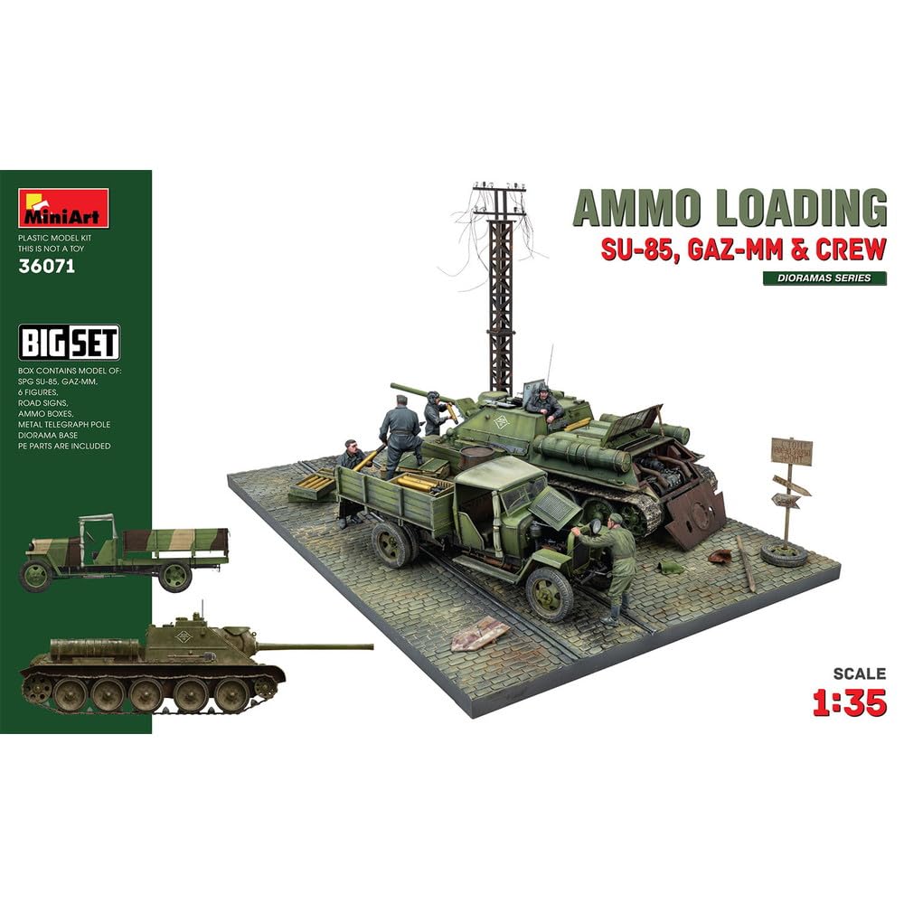 

Miniart WWII Soviet Soviet Soldiers Ammunition Supply Deluxe Scenery Set Plastic Model MA36071 1/35 SU-85 & GAZ-MM & сірий колір