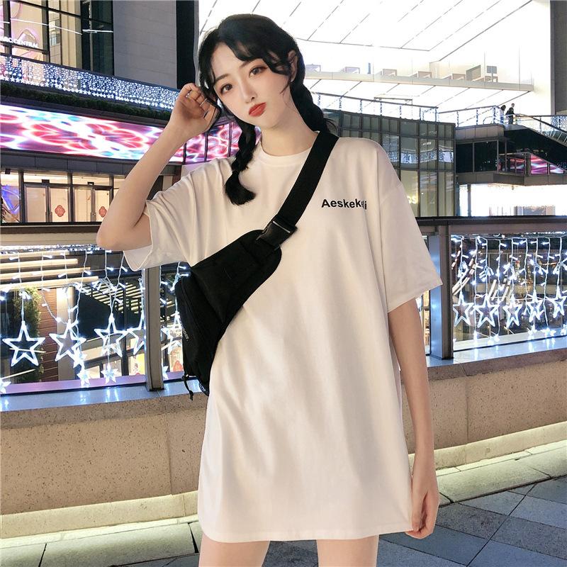 Spring and Summer Korean Version of the New Harajuku Loose Medium and Long Letter Printing Black Large Version Short-sleeved T-shirt Women Ins