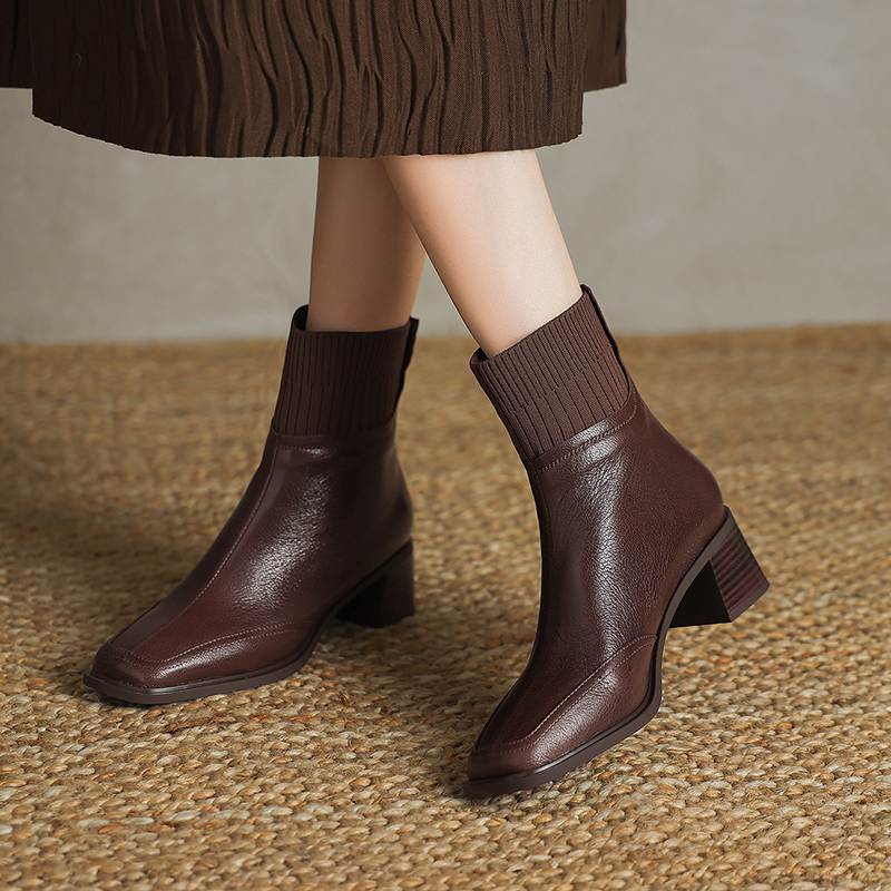 Krazing Pot Sheepskin Autumn Winter Shoes Thick Heels Size 42 Square Toe Zipper Knitwear Vintage Ankle Boots