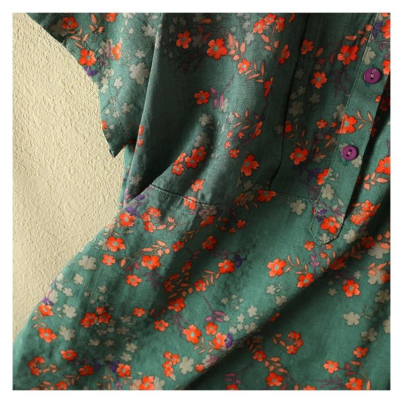 Vintage Floral Print Women's Shirt Summer Fashion Short Sleeve Pocket Loose Casual Blouse Comfortable Soft Thin Daily