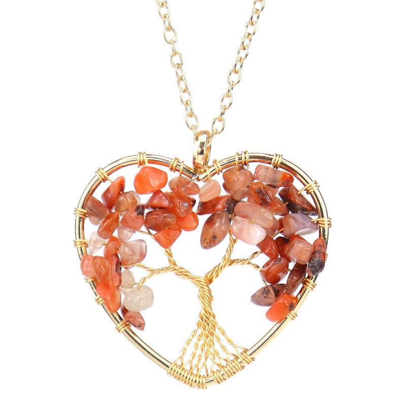Color-Preserving Gold Hand-Wound Crystal Gravel Peach Heart Tree Of Life Necklace Heart-Shaped Pendant N55