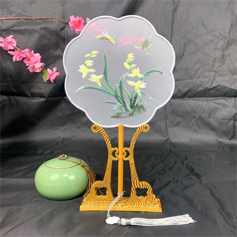 Chinese Styles Ancient Embroidery Fan Decorations Long Handle Tassels Double Side Hand Fan for Womens Girl Performances