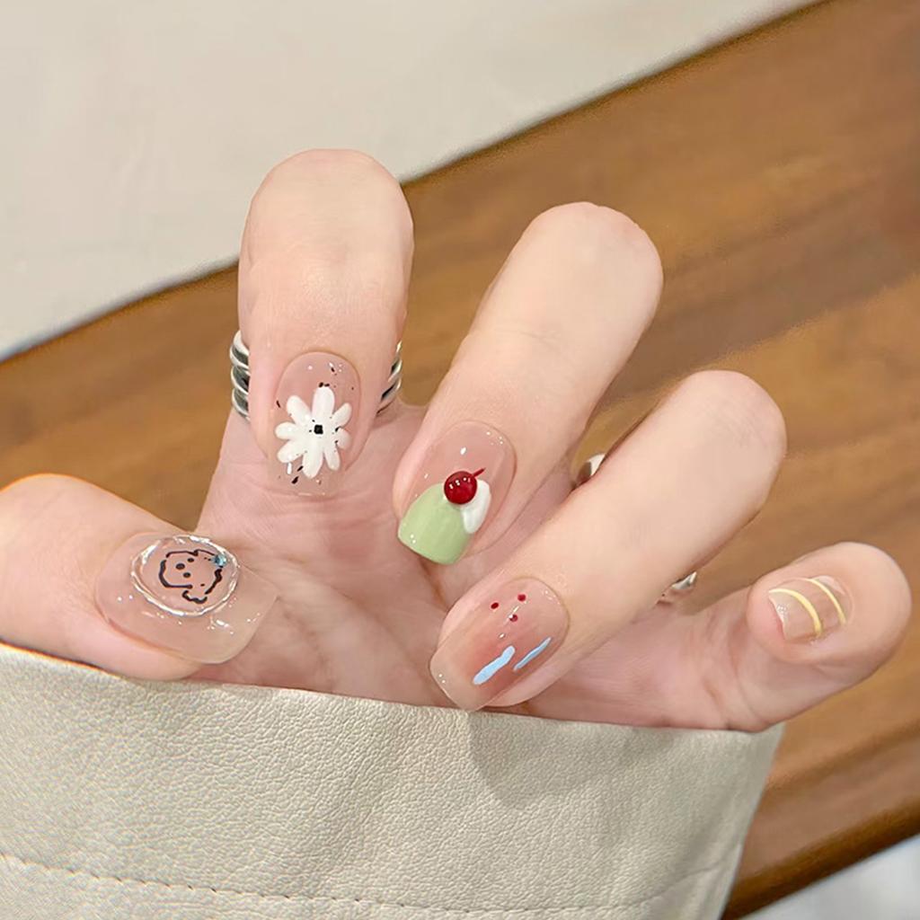 24PCS Blush Fake Nails with Flower Printed Reusable Long Lasting Press on Nails for Working Dating or Partying