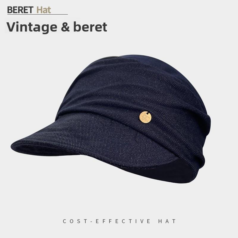 Minimalistisches Goldlabel Dekoratives Falten-Design Lässiges Sonnenschutz-Barett für Damen Frühling Sommer