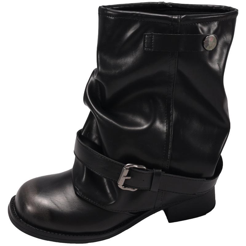 Western Cowboy Boots Women's Pleated Pile Boots Black Retro Coarse Heel Knight Boots Autumn and Winter Short Boots 2025 New