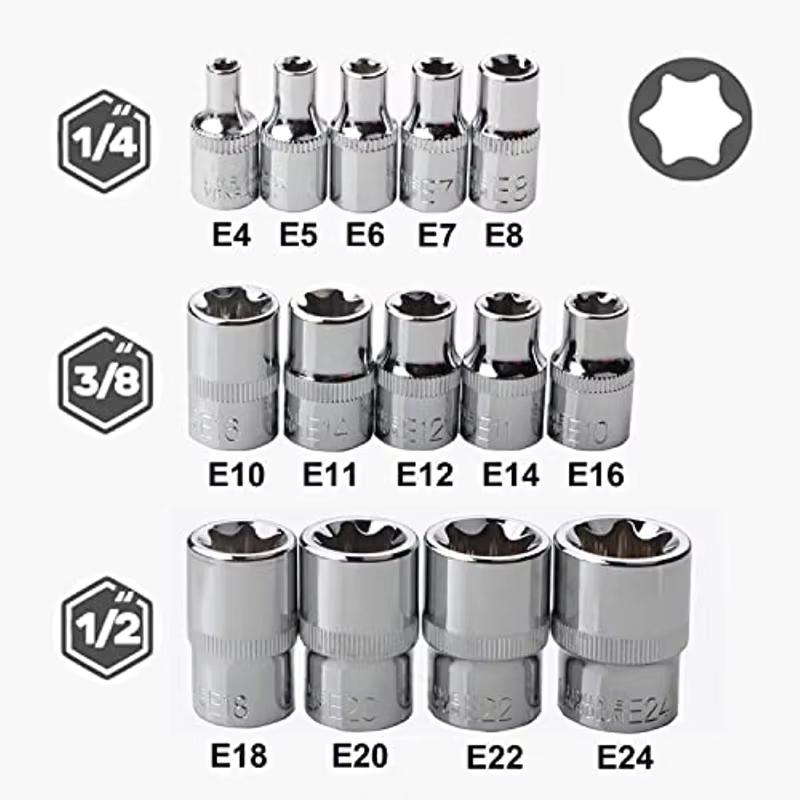 14PCS Female E Star Torx Socket Set E4-E24 External Hex Socket Insert Nut Versatility Combination Sockets