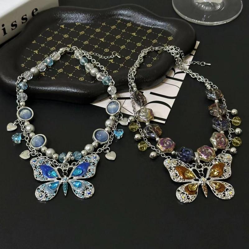 Luxury Temperament Butterfly Flowers Imitation Crystal Zinc Alloy Double-layer Necklace For Women Hot Girl Personality Jewelry G